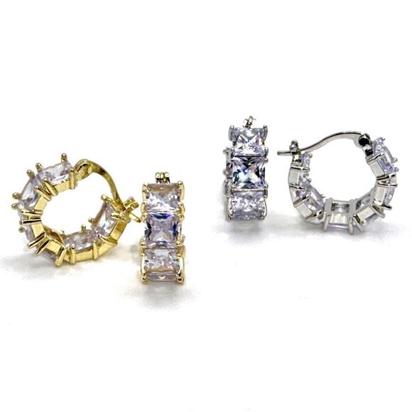 Gold Tone Huggie Earrings with Pink Princess Cut Stones and Tons of Bling #1492 - Picture 4 of 4